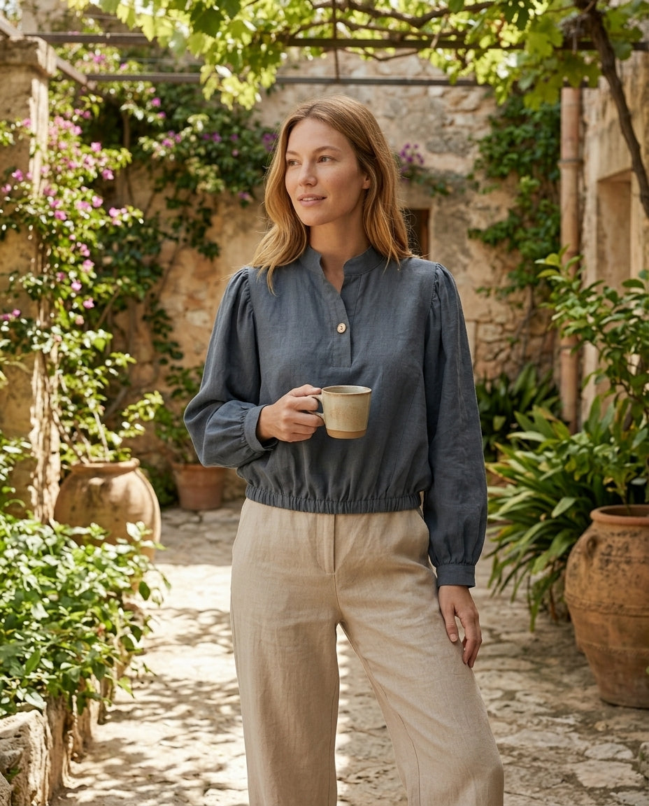 Puff Sleeve Cropped Linen Blouse