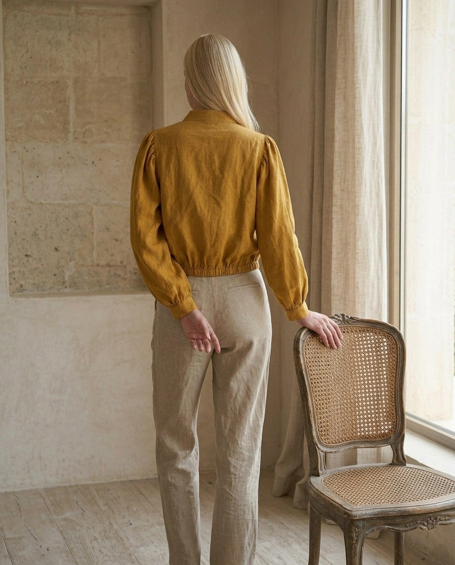 Puff Sleeve Cropped Linen Blouse