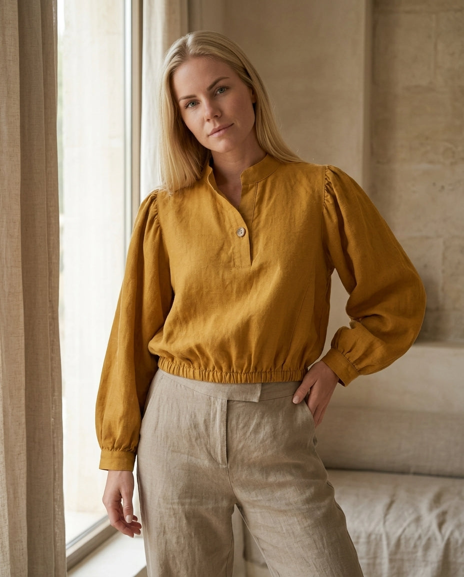 Puff Sleeve Cropped Linen Blouse