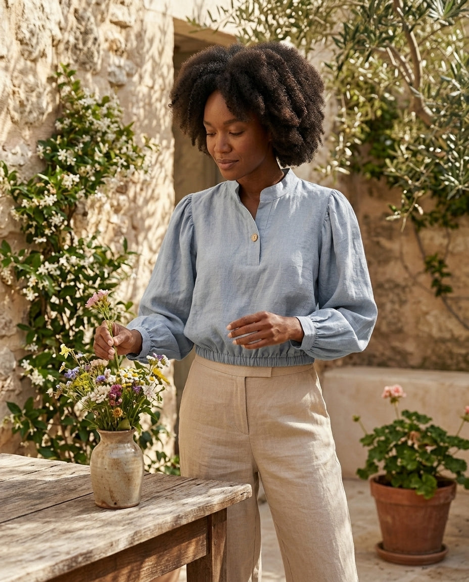 Puff Sleeve Cropped Linen Blouse