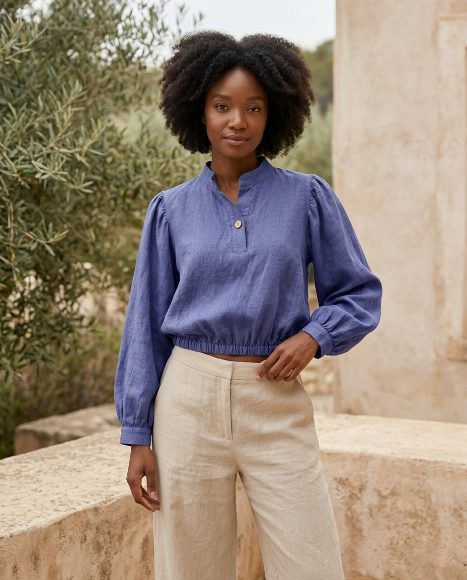Puff Sleeve Cropped Linen Blouse