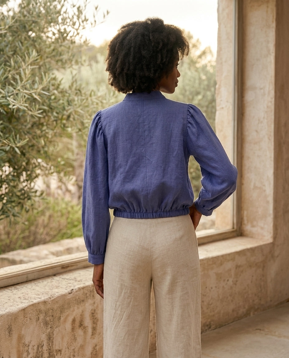 Puff Sleeve Cropped Linen Blouse