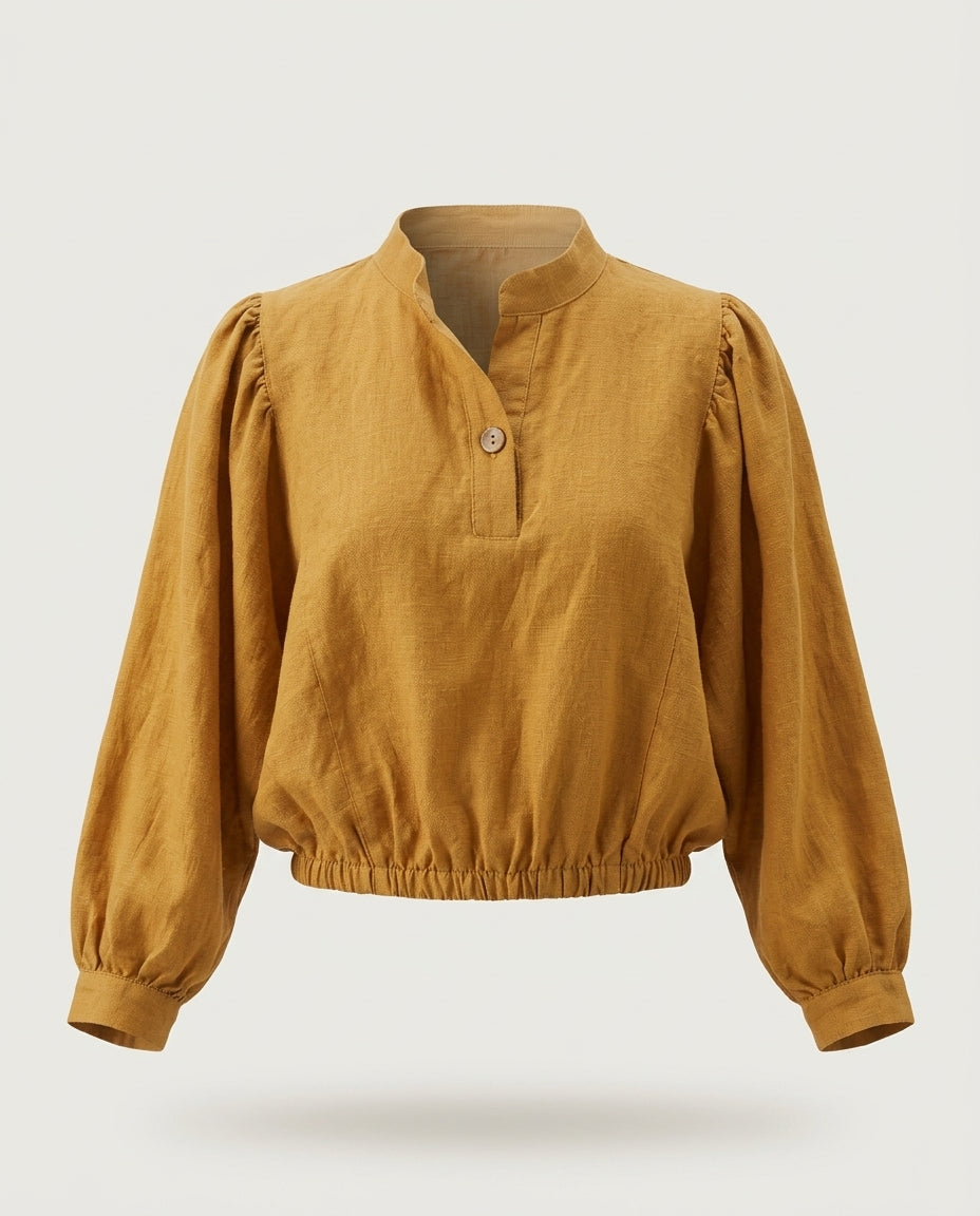 Puff Sleeve Cropped Linen Blouse