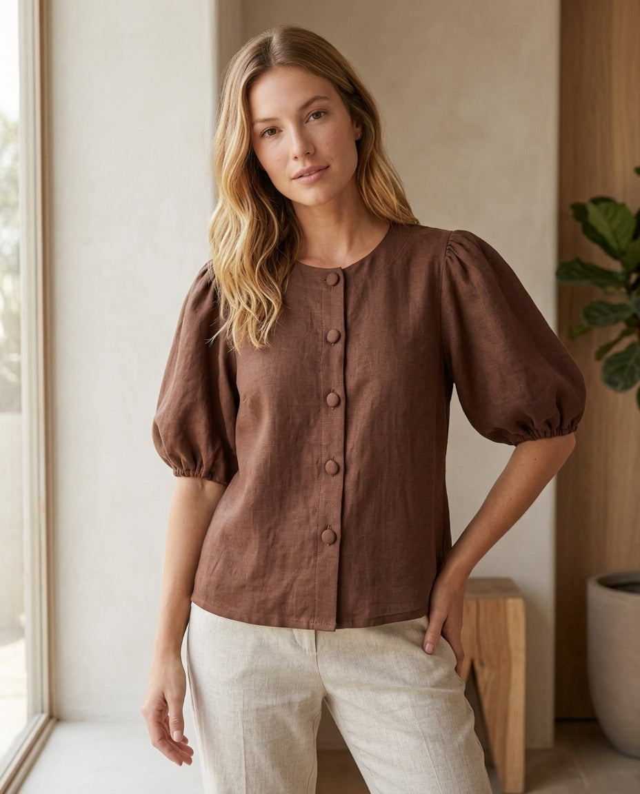 Puff Sleeve Linen Blouse
