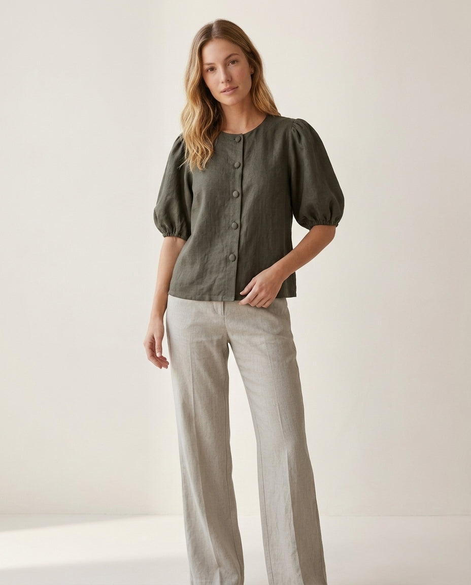 Puff Sleeve Linen Blouse