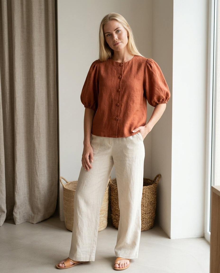 Puff Sleeve Linen Blouse
