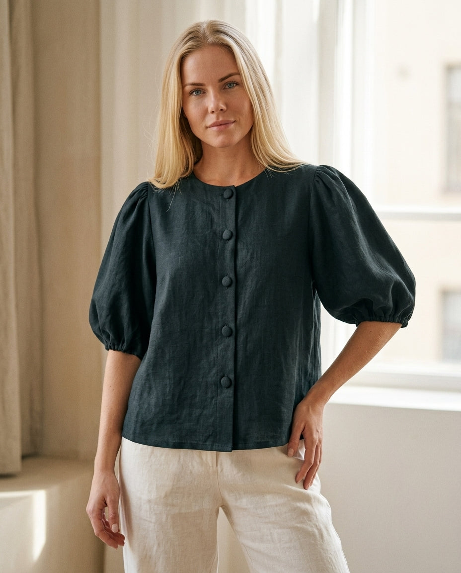 Puff Sleeve Linen Blouse