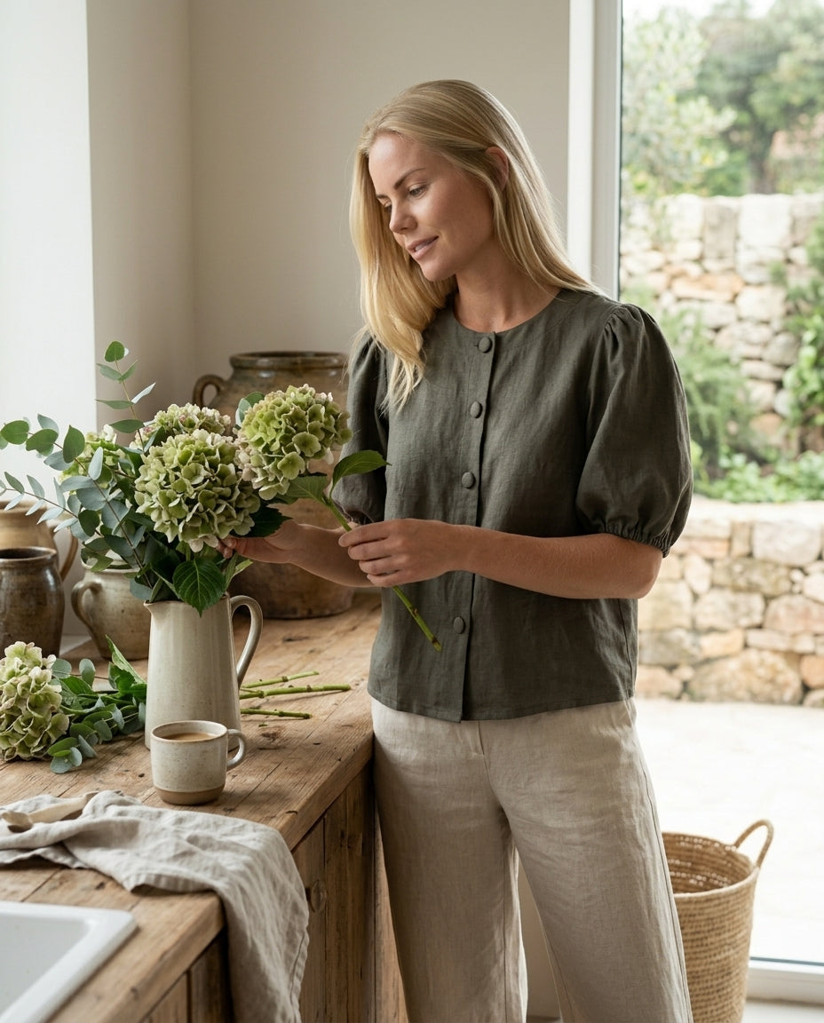 Puff Sleeve Linen Blouse