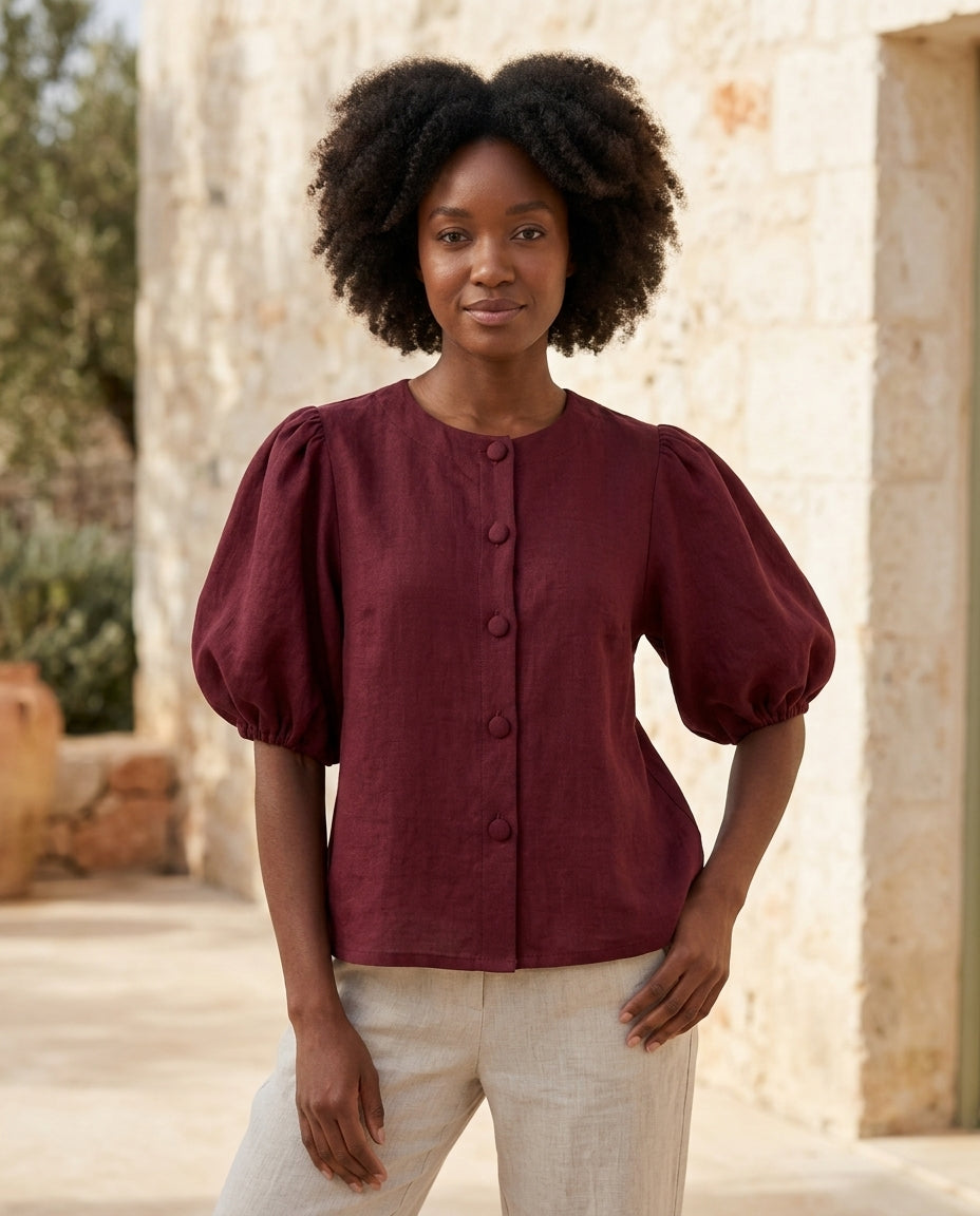 Puff Sleeve Linen Blouse
