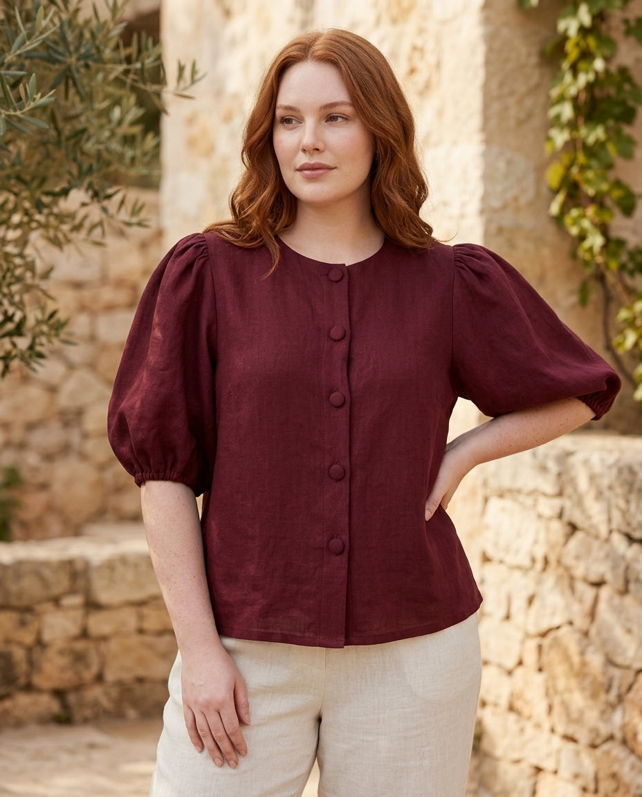 Puff Sleeve Linen Blouse