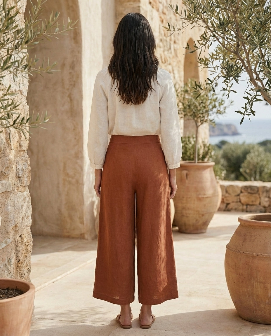 Linen Wide Leg Culottes | Elastic Waist & Side Zipper Cropped Pants