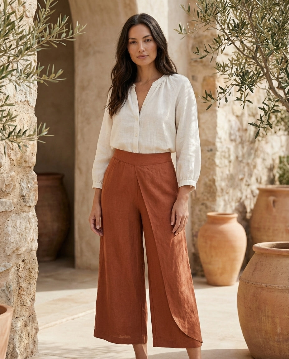 Linen Wide Leg Culottes | Elastic Waist & Side Zipper Cropped Pants