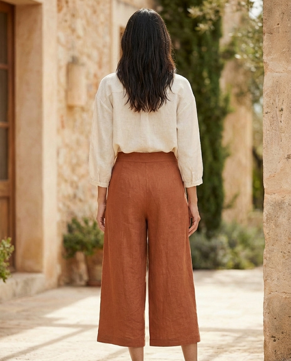 Linen Wide Leg Culottes | Elastic Waist & Side Zipper Cropped Pants