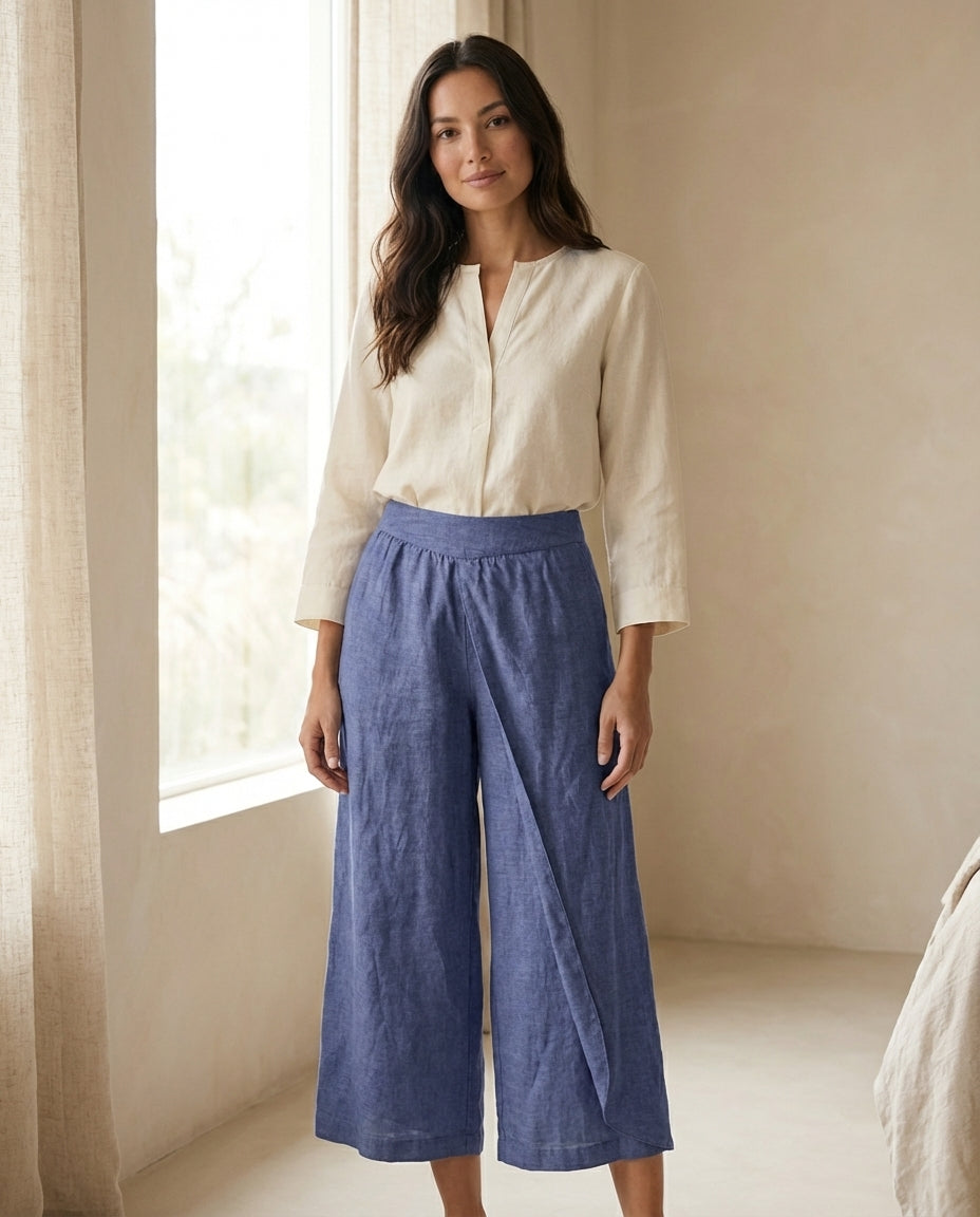 Linen Wide Leg Culottes | Elastic Waist & Side Zipper Cropped Pants