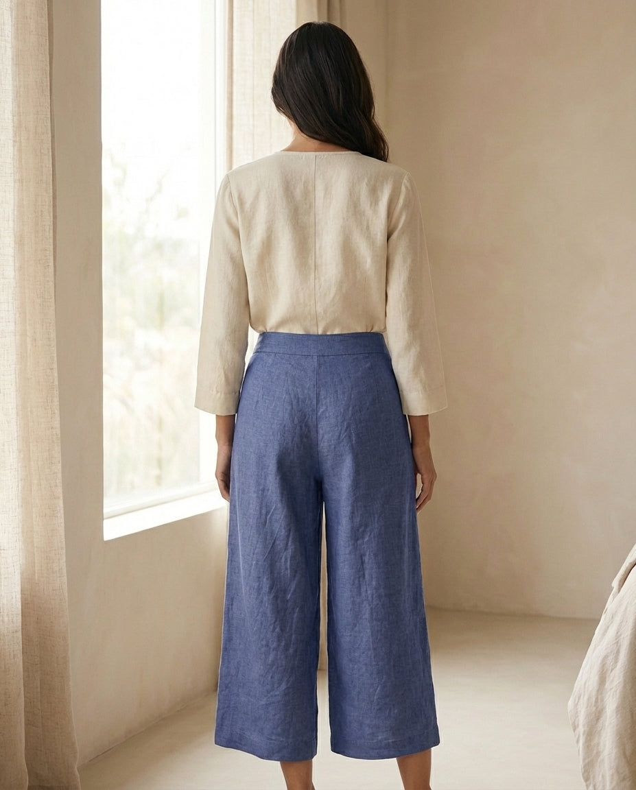 Linen Wide Leg Culottes | Elastic Waist & Side Zipper Cropped Pants