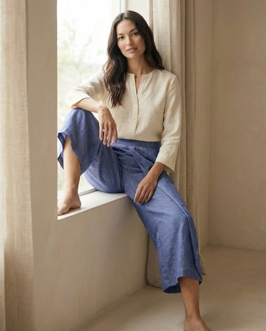 Linen Wide Leg Culottes | Elastic Waist & Side Zipper Cropped Pants
