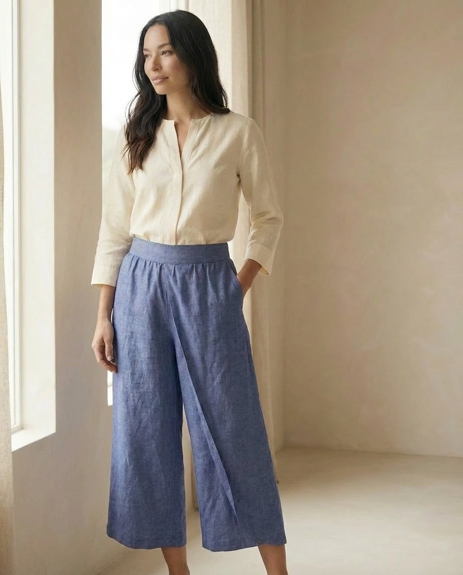 Linen Wide Leg Culottes | Elastic Waist & Side Zipper Cropped Pants