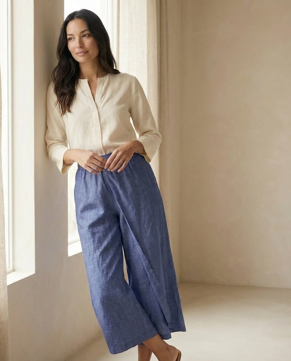 Linen Wide Leg Culottes | Elastic Waist & Side Zipper Cropped Pants