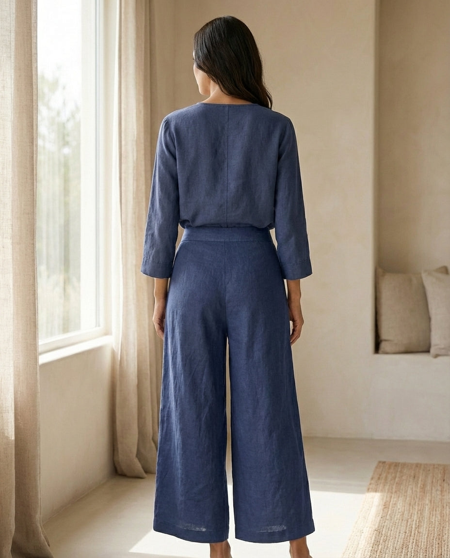 Linen Wide Leg Culottes | Elastic Waist & Side Zipper Cropped Pants
