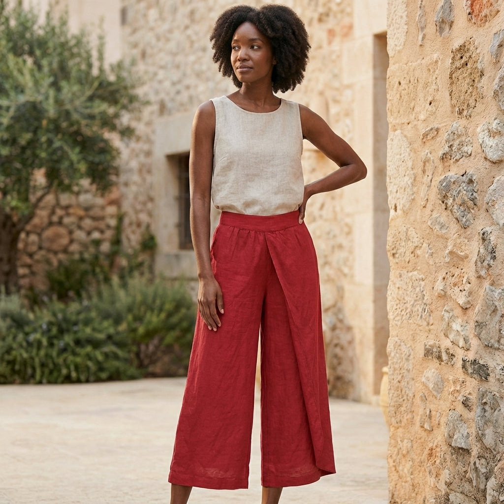 Linen Wide Leg Culottes | Elastic Waist & Side Zipper Cropped Pants