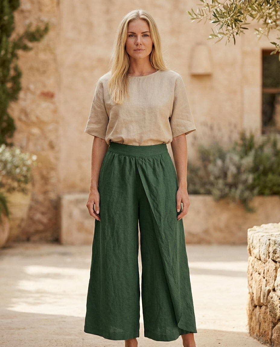 Linen Wide Leg Culottes | Elastic Waist & Side Zipper Cropped Pants