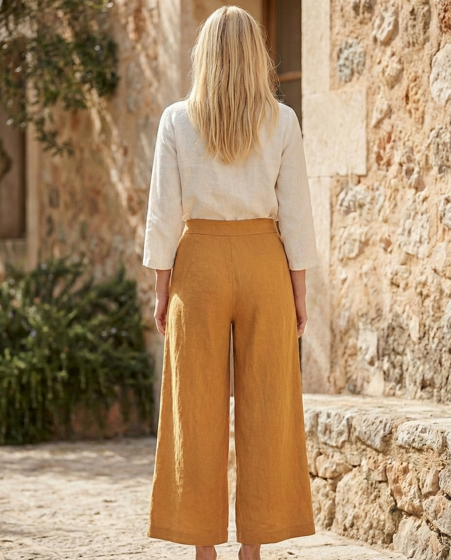 Linen Wide Leg Culottes | Elastic Waist & Side Zipper Cropped Pants