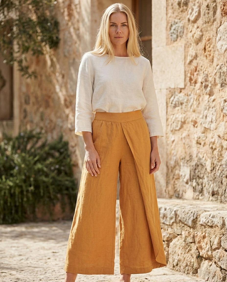 Linen Wide Leg Culottes | Elastic Waist & Side Zipper Cropped Pants