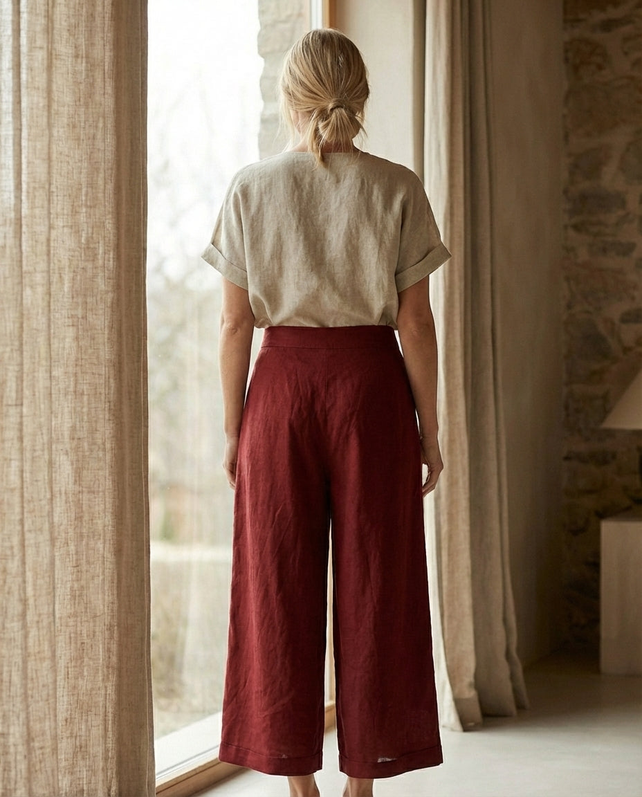Linen Wide Leg Culottes | Elastic Waist & Side Zipper Cropped Pants