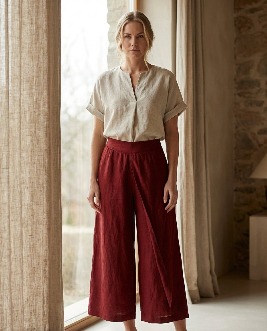 Linen Wide Leg Culottes | Elastic Waist & Side Zipper Cropped Pants