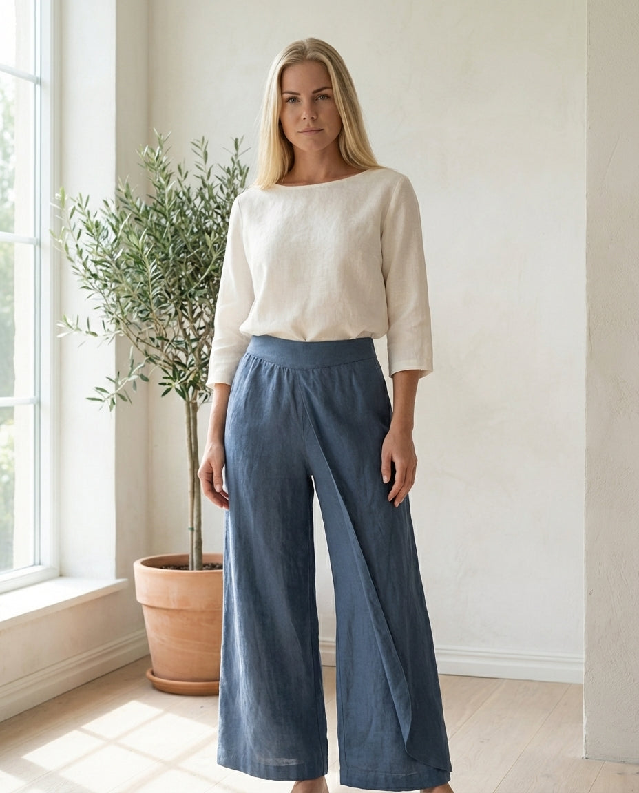 Linen Wide Leg Culottes | Elastic Waist & Side Zipper Cropped Pants