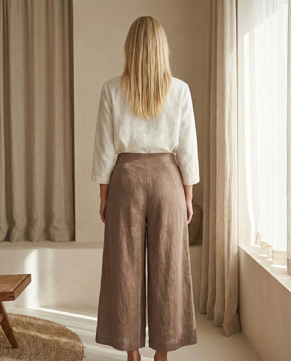 Linen Wide Leg Culottes | Elastic Waist & Side Zipper Cropped Pants