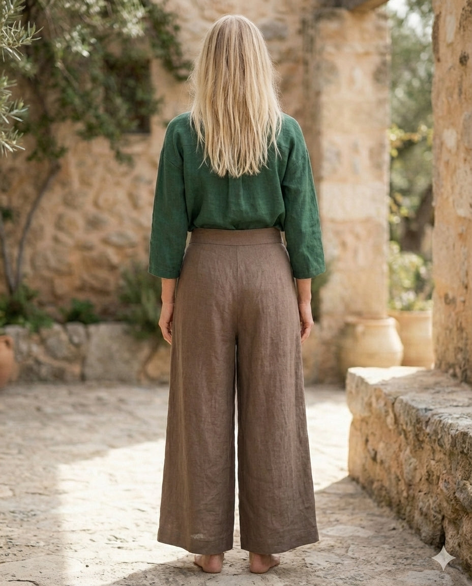 Linen Wide Leg Culottes | Elastic Waist & Side Zipper Cropped Pants