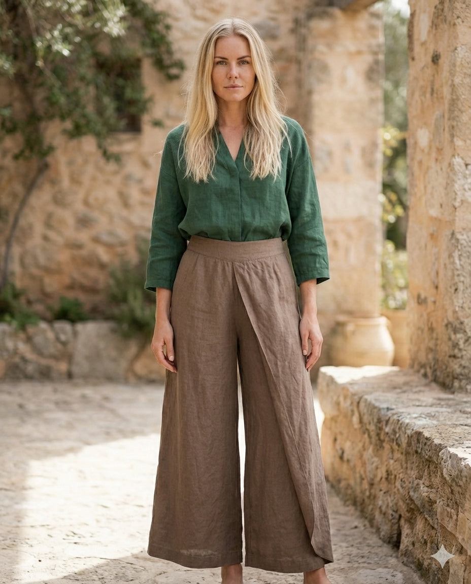 Linen Wide Leg Culottes | Elastic Waist & Side Zipper Cropped Pants