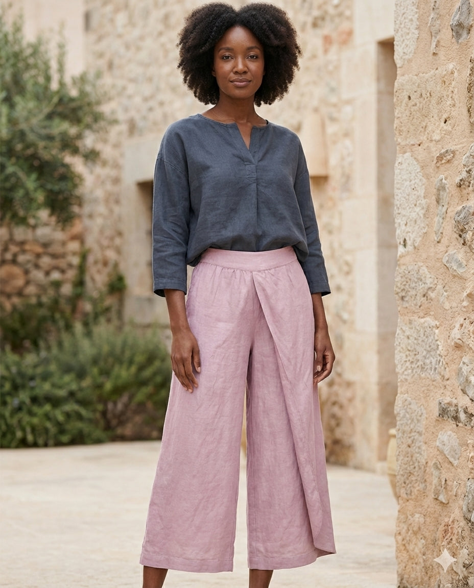 Linen Wide Leg Culottes | Elastic Waist & Side Zipper Cropped Pants