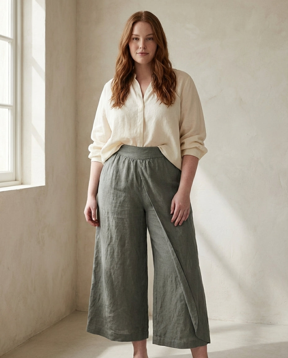 Linen Wide Leg Culottes | Elastic Waist & Side Zipper Cropped Pants