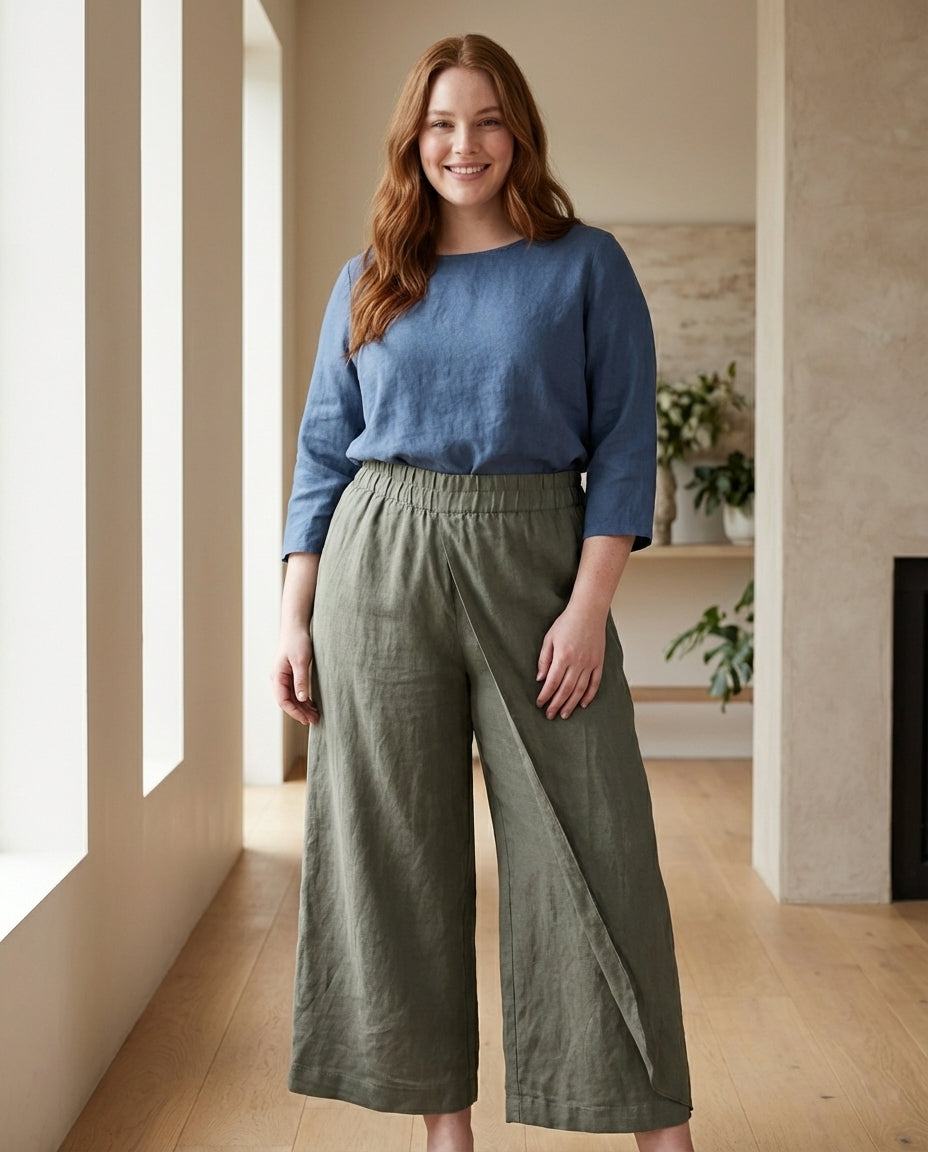 Linen Wide Leg Culottes | Elastic Waist & Side Zipper Cropped Pants