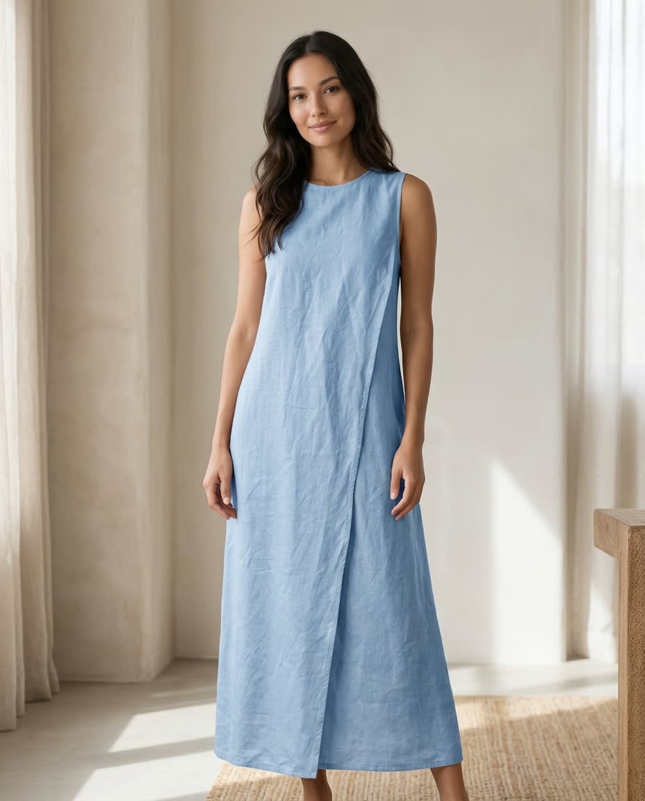 Sleeveless Wrap-Front Linen Midi Dress