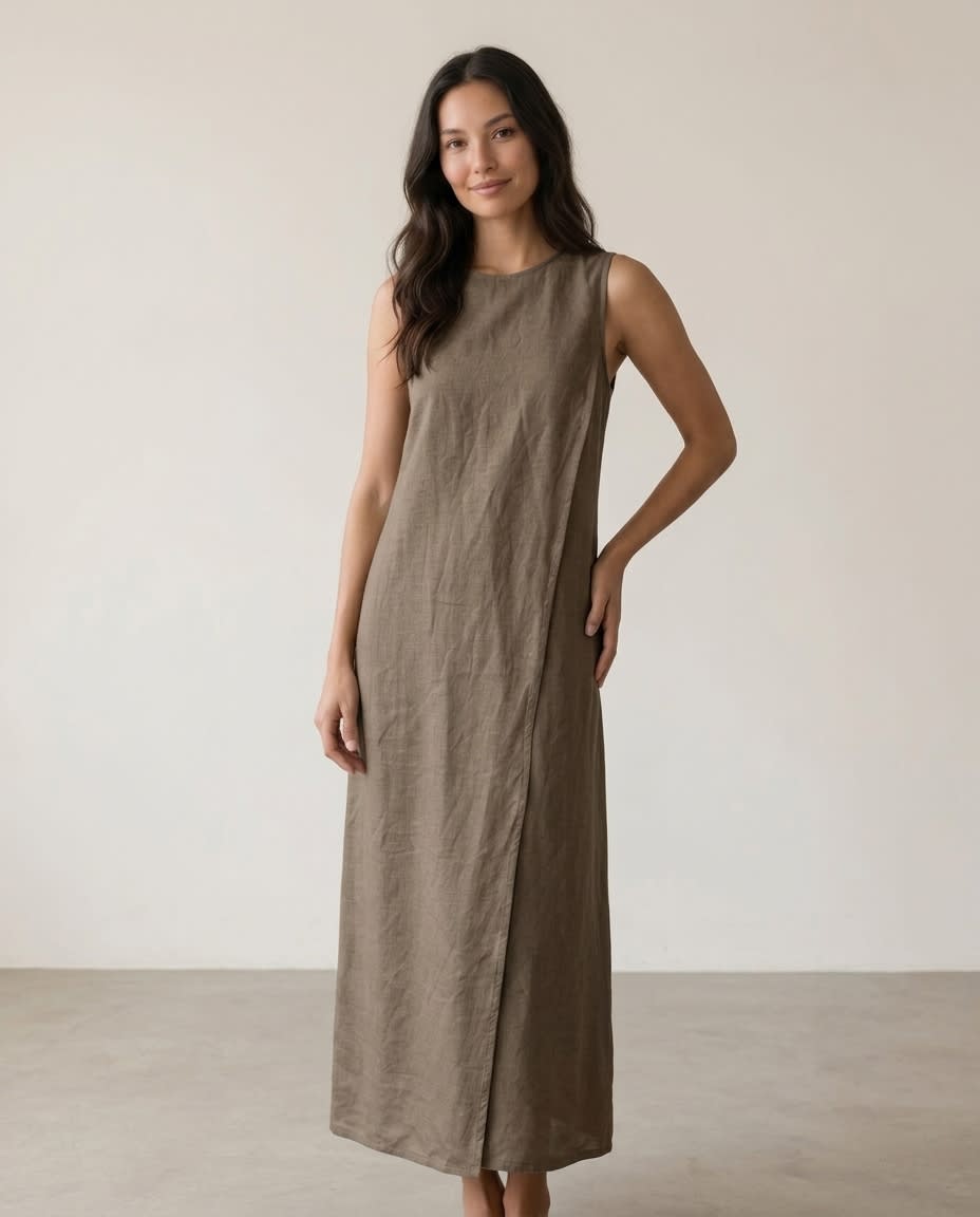 Sleeveless Wrap-Front Linen Midi Dress