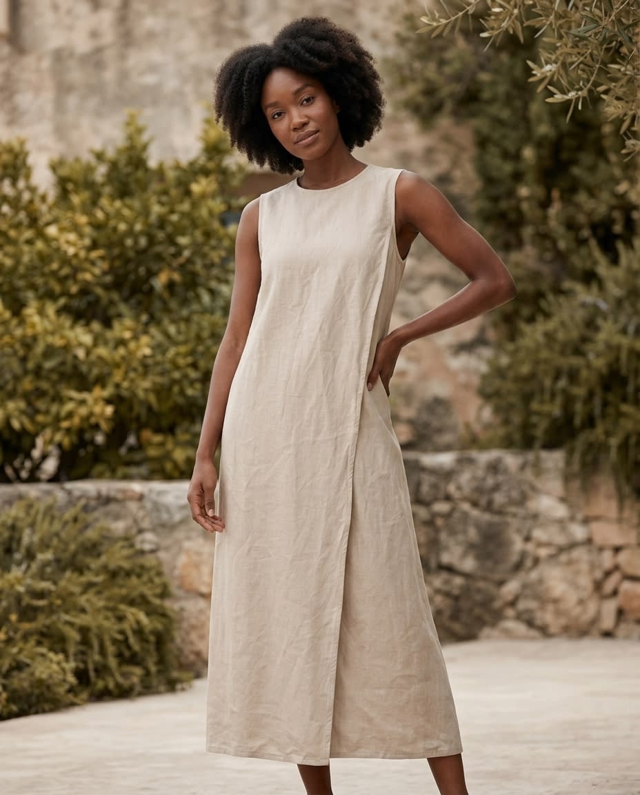 Sleeveless Wrap-Front Linen Midi Dress