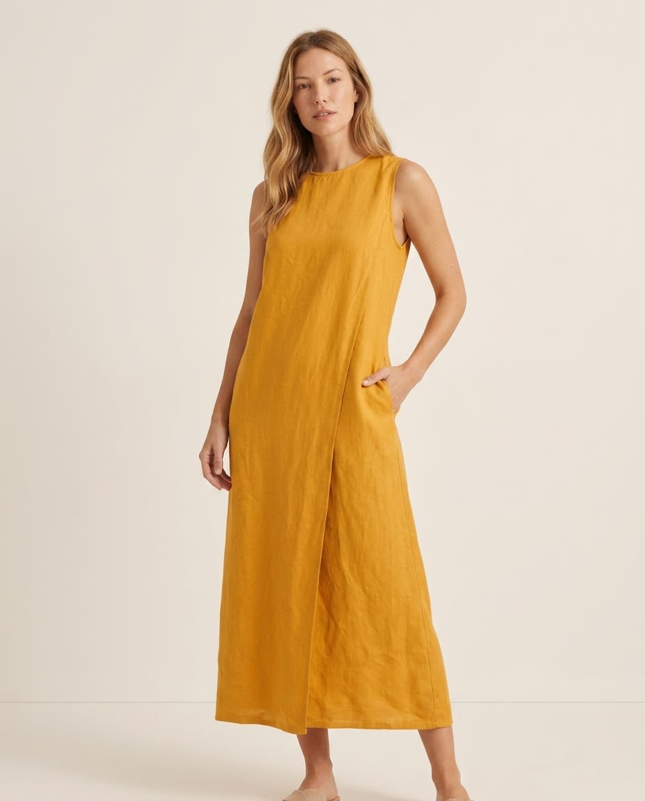 Sleeveless Wrap-Front Linen Midi Dress