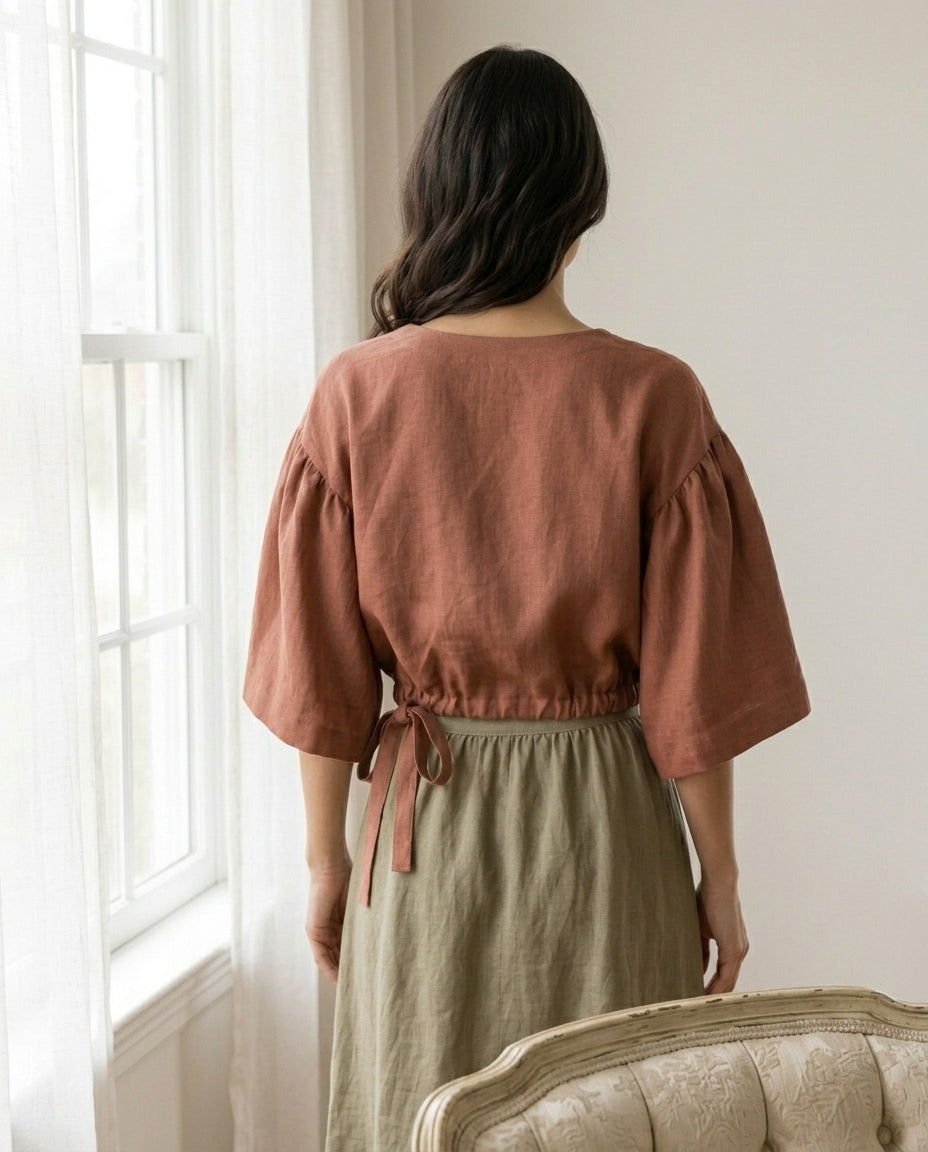 Linen Blouse – Balloon Sleeve, Cropped