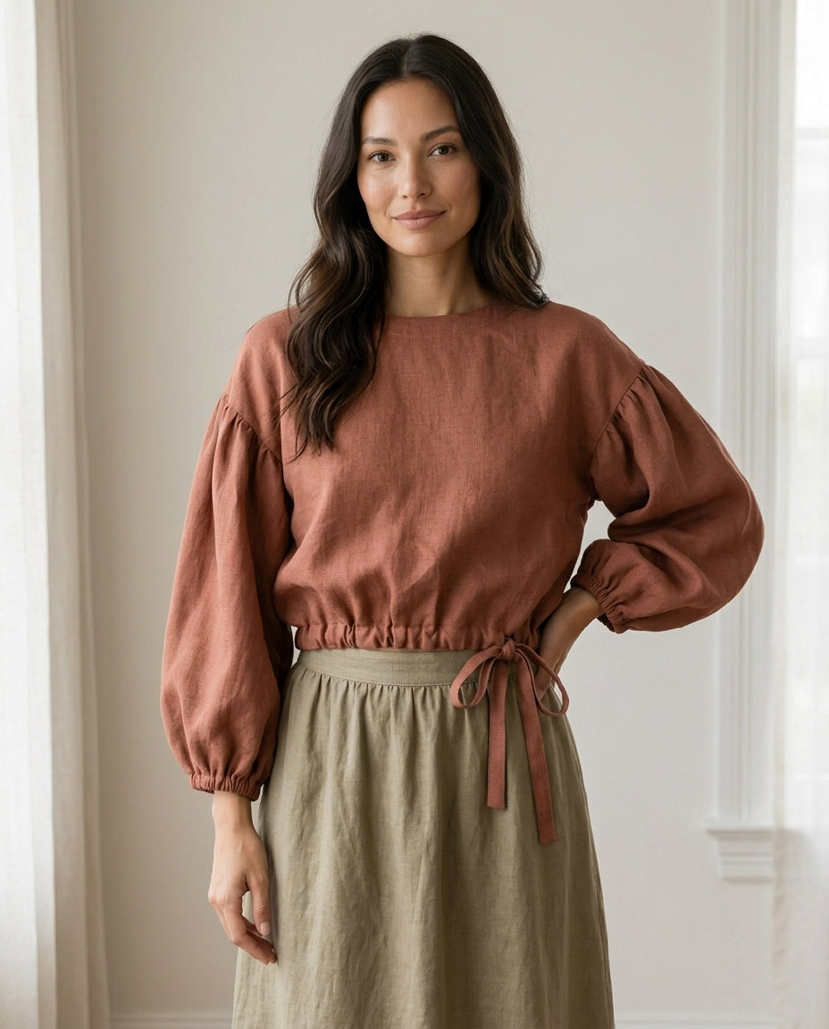 Linen Blouse – Balloon Sleeve, Cropped