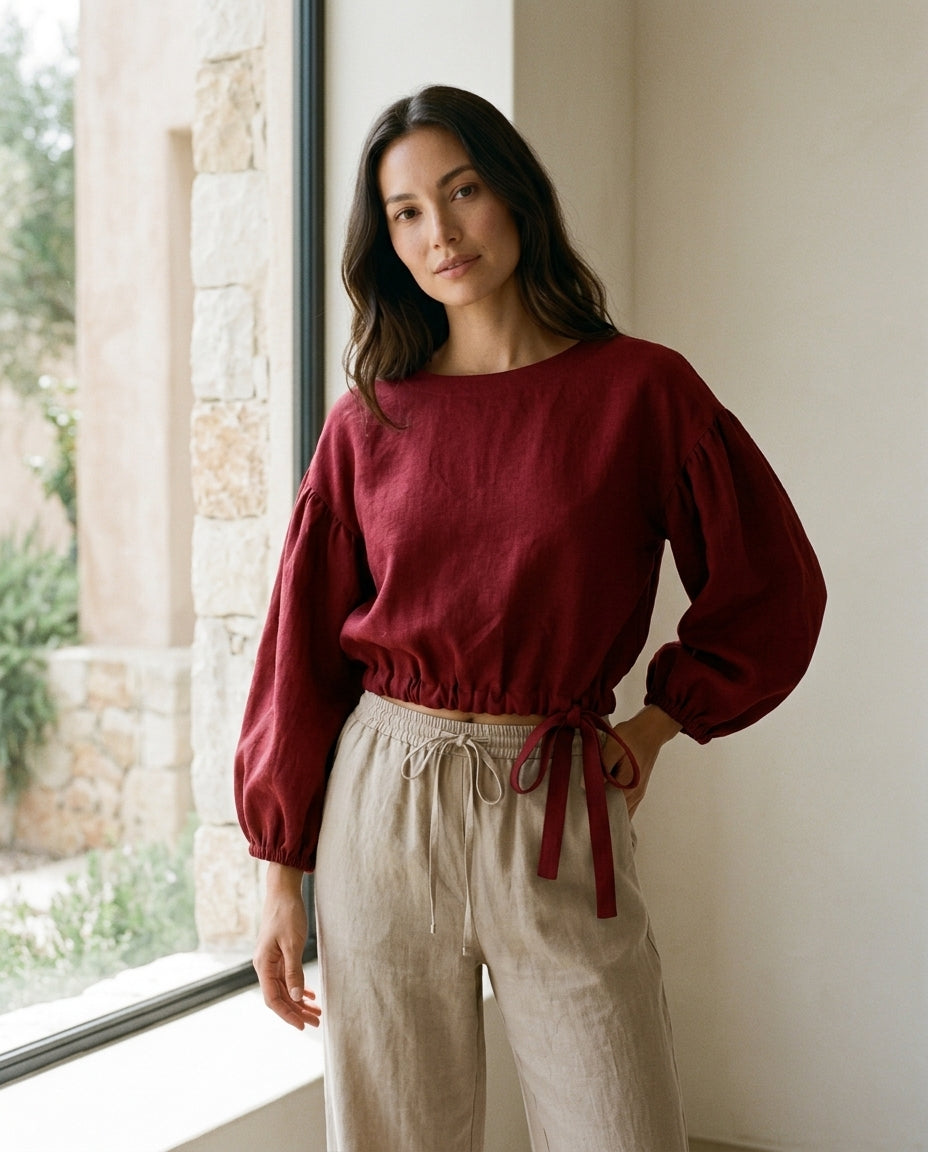 Linen Blouse – Balloon Sleeve, Cropped