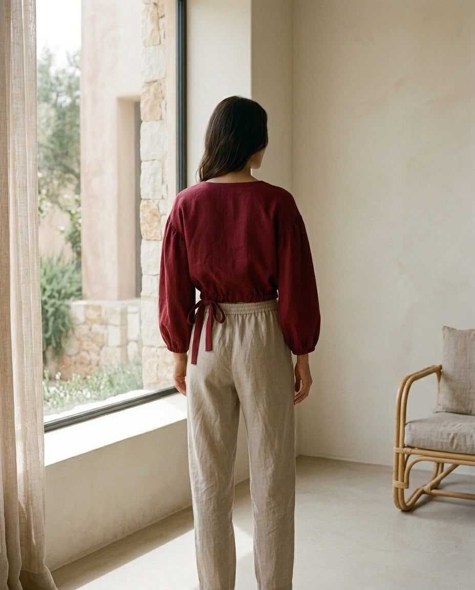 Linen Blouse – Balloon Sleeve, Cropped