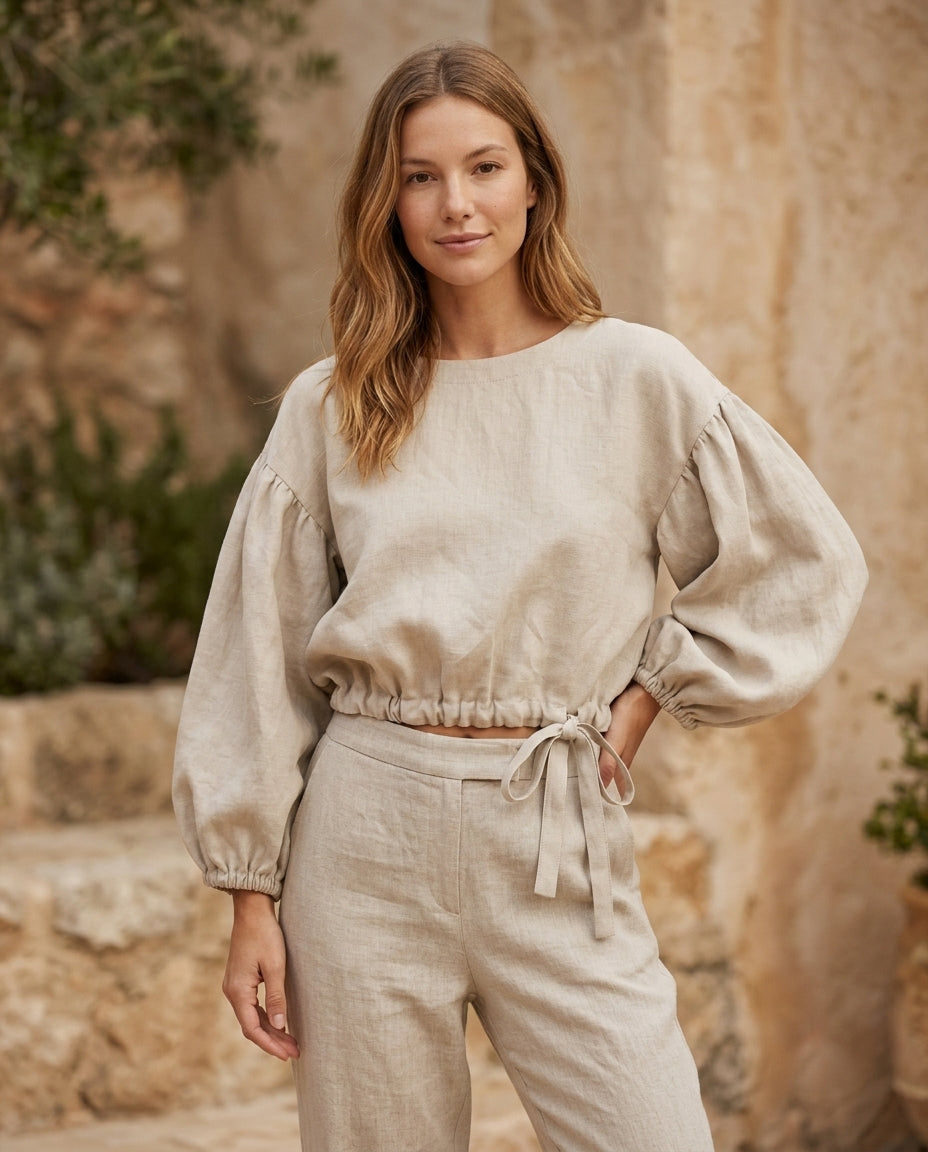 Linen Blouse – Balloon Sleeve, Cropped