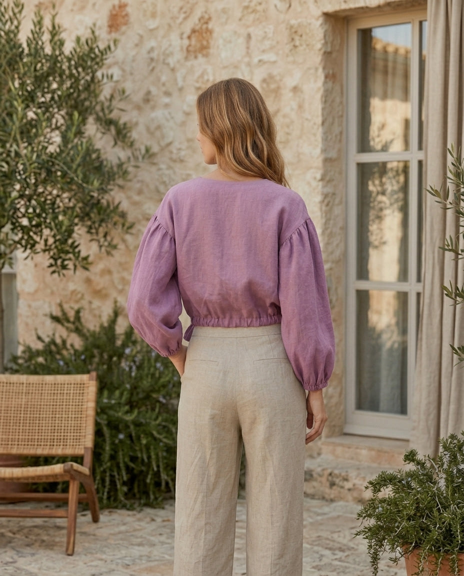 Linen Blouse – Balloon Sleeve, Cropped