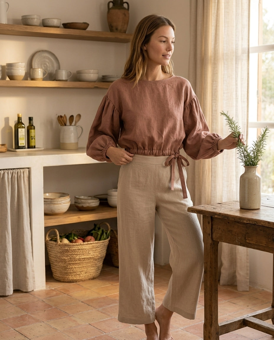 Linen Blouse – Balloon Sleeve, Cropped