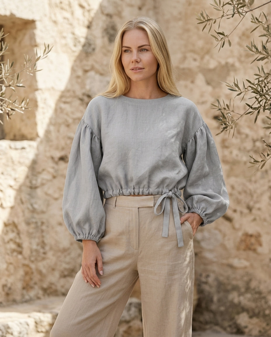 Linen Blouse – Balloon Sleeve, Cropped