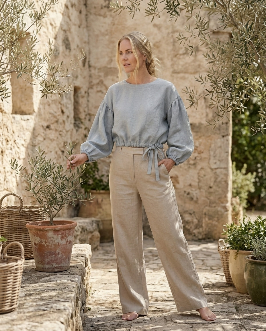 Linen Blouse – Balloon Sleeve, Cropped