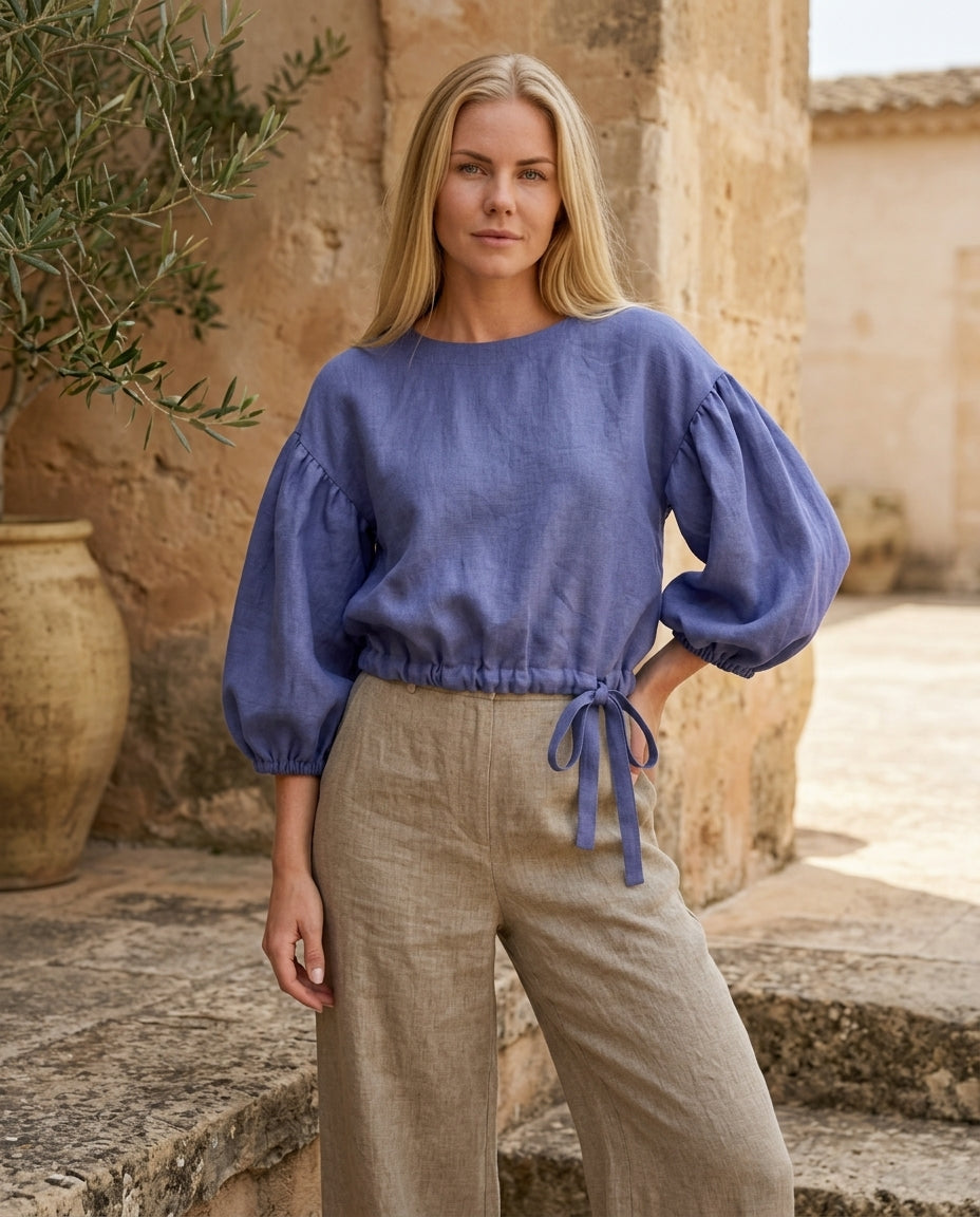 Linen Blouse – Balloon Sleeve, Cropped